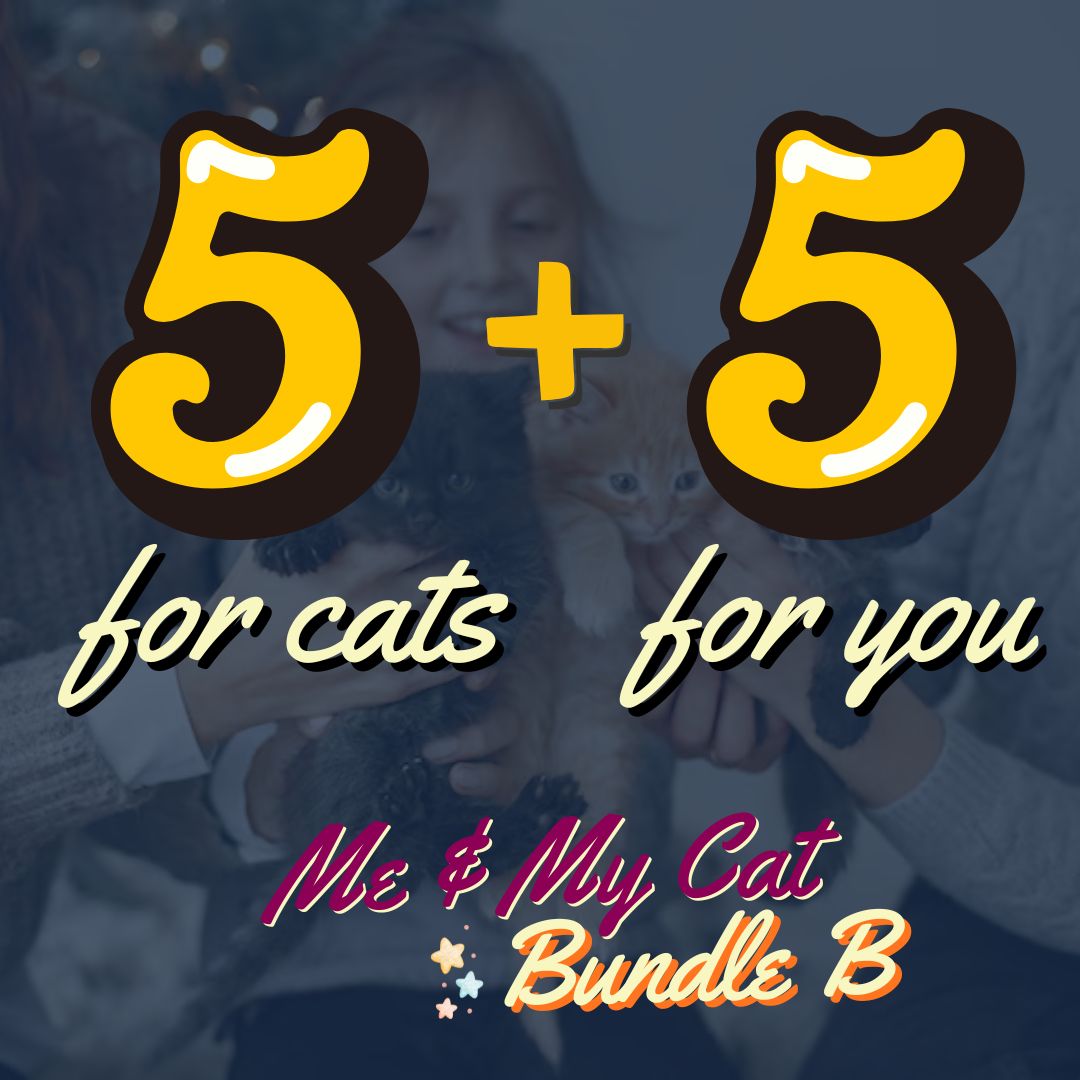 Promotional graphic with '5 + 5 for cats for you' text overlaying a blurred background of a person and cat.