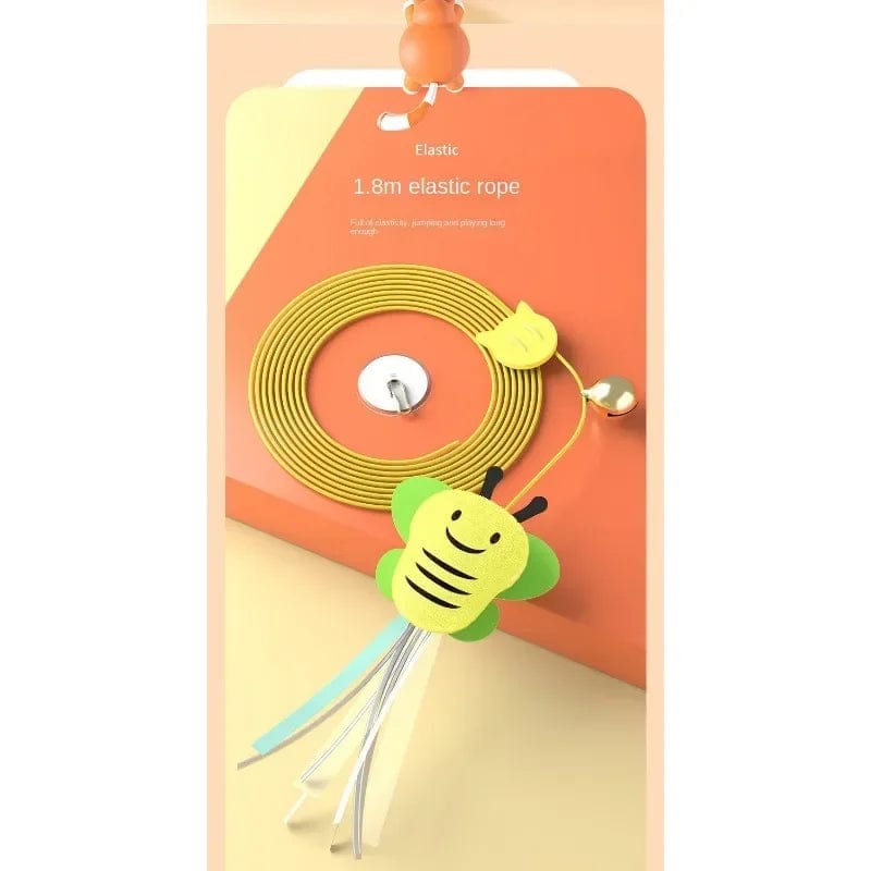 Battery-operated hanging cat rope toy with feathers