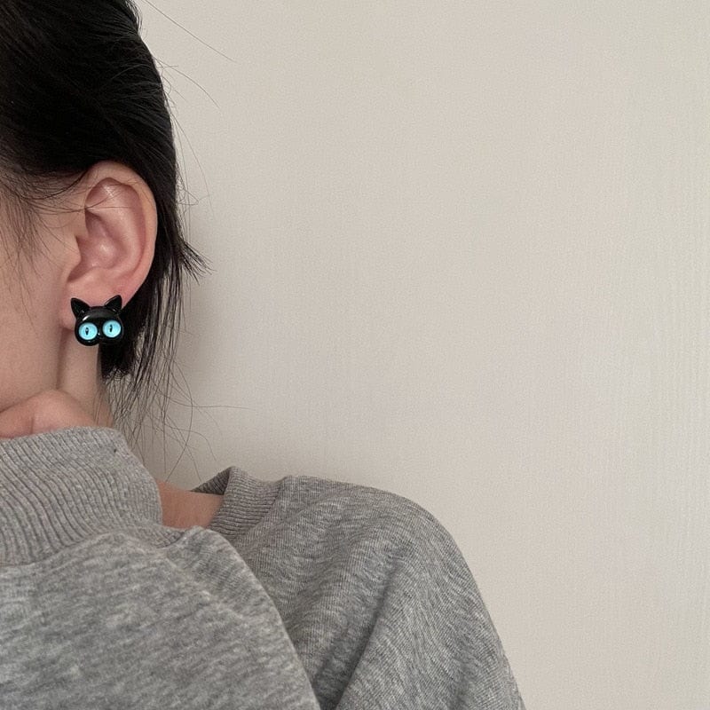 Black Cat Stud Earrings Worn Close-Up View