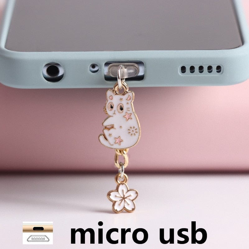 Whimsical cat phone charms for keeping dust away