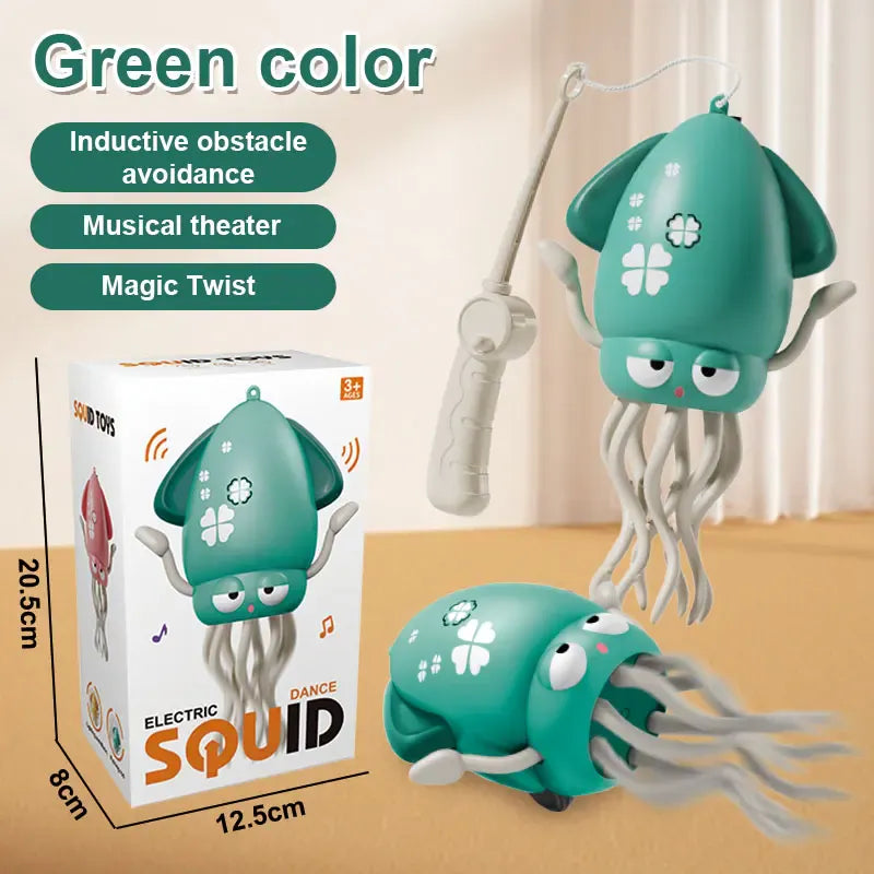 Green electric squid toy with packaging on a beige surface for cat toys