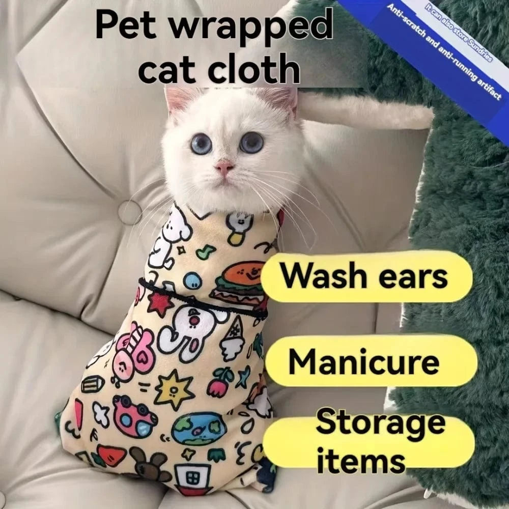 Stress-free cat grooming blanket with Velcro closure