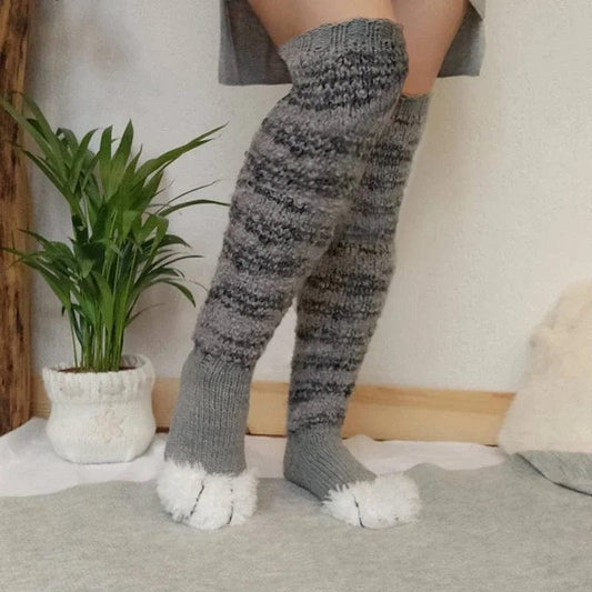 Winter Knee High Cat Paw Socks In Grey