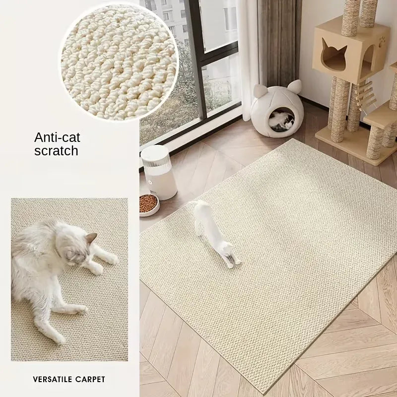 Cat playing on a textured carpet with close-up of fibers and cat scratcher in the background.