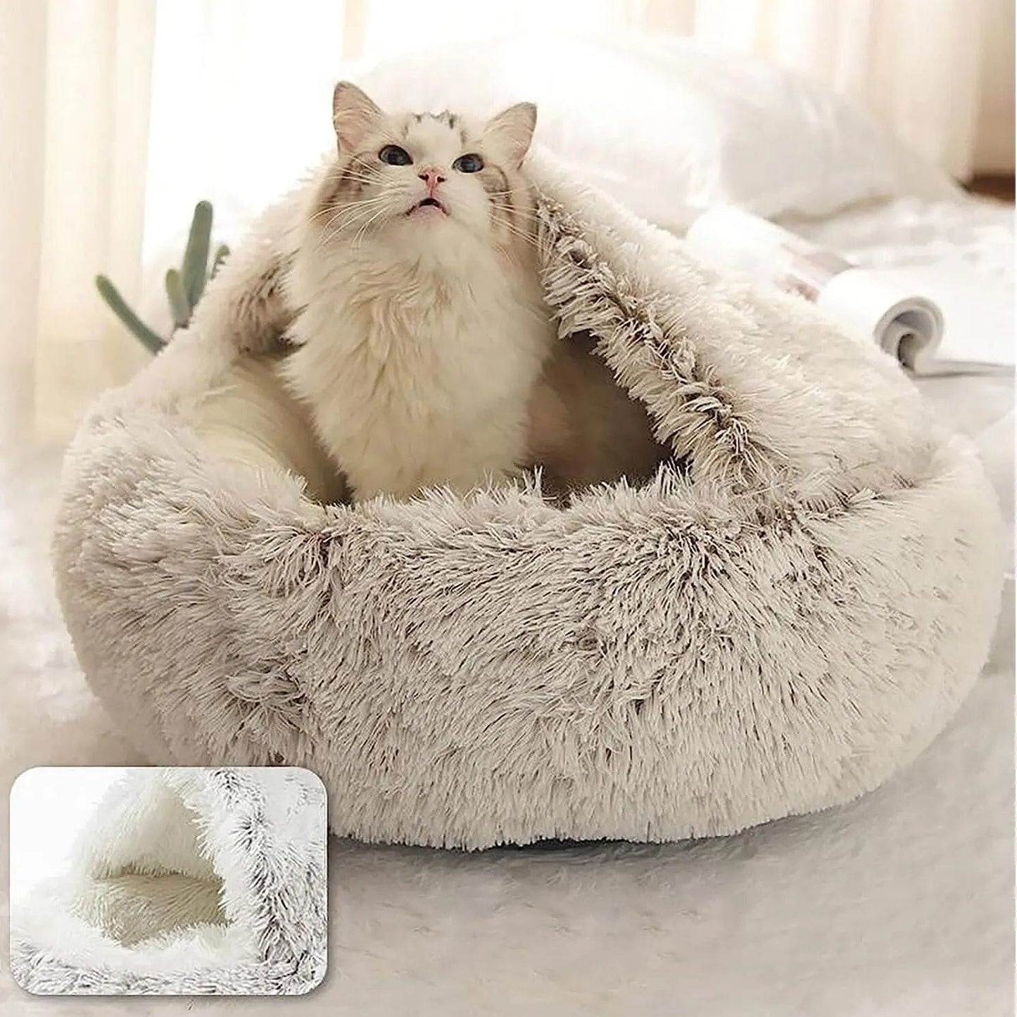 cat plushy winter nest bed with cove design