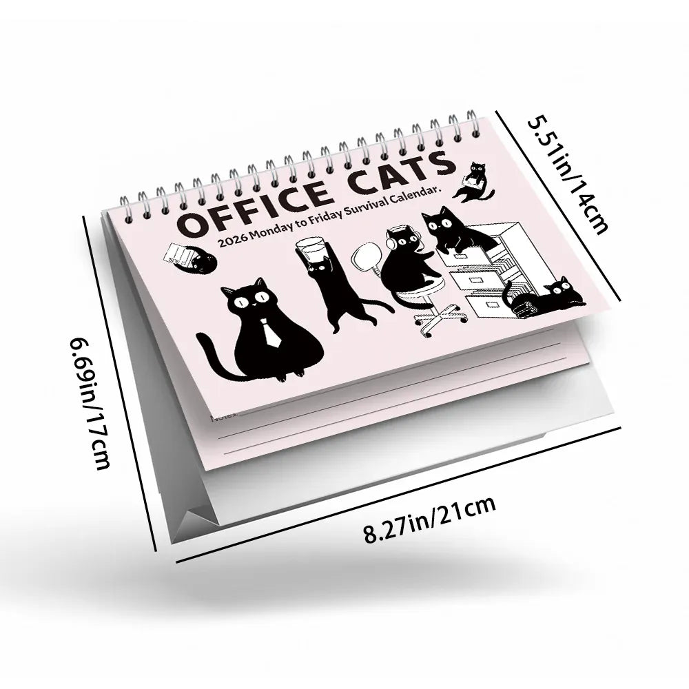Calendar with office cat illustrations and dimensions on a white background