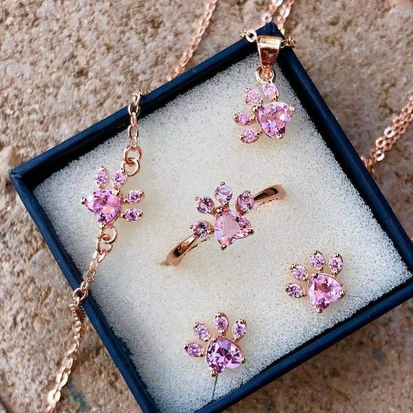 Cat Paw Rose Gold Jewelry Set for Women Ring Earring Necklace Bracelet