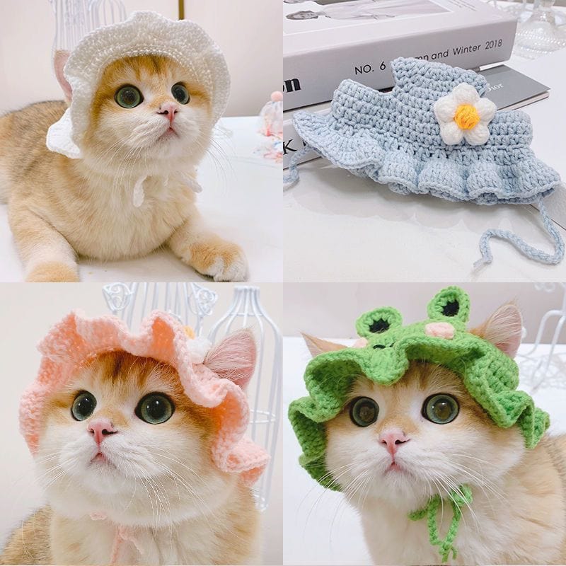 Adjustable knitted cat hat Pet Hat Delicate Hemming Pendant Decor High Elasticity Cute Pet Adjustable Strap Knitted Hat for Party Dog Headwear