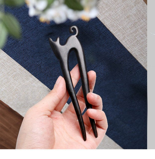 Black Classic Cat Wooden Hairpin – Elegant Vintage Hair Accessory