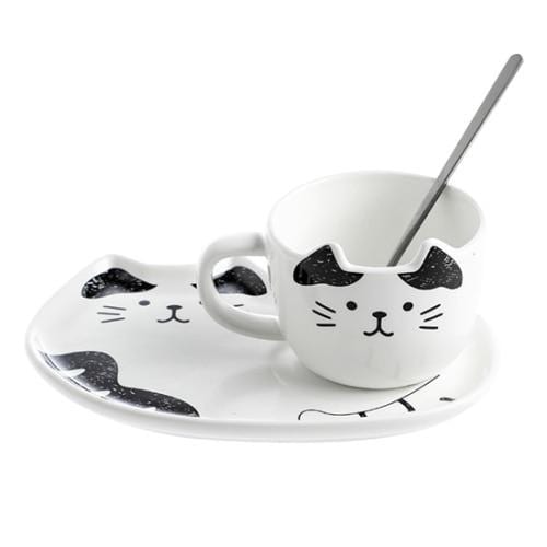 Cat Ceramics Plate & Cup Set In Black And White