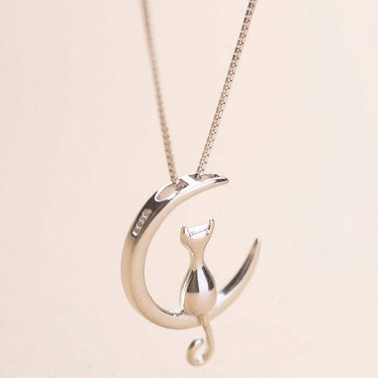 Cat Sitting on Crescent Moon Necklace Gold Tone