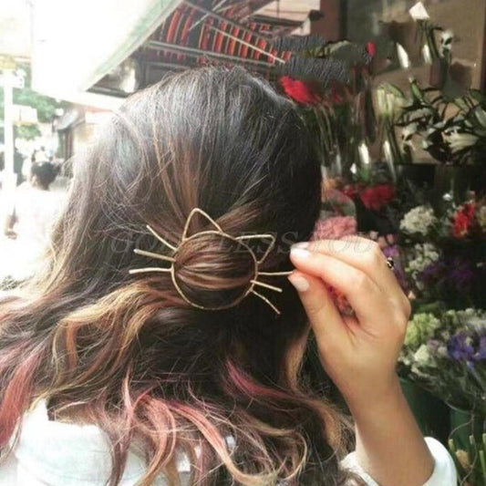 Gold Cat Hairpin Brooch Stick Worn on Ponytail Close-Up