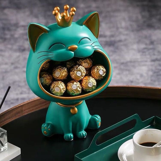 Green Crown Cat Figurine with Storage Mouth – Resin Table Décor