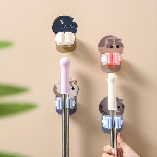 Best wall mounted adhesive cat hanger Wall Mounted Hooks Mop Organizer Holder Adhesive Cute Cat Multi-Purpose Room Hanger Strong Hooks Kitchen Bathroom Broom Clip