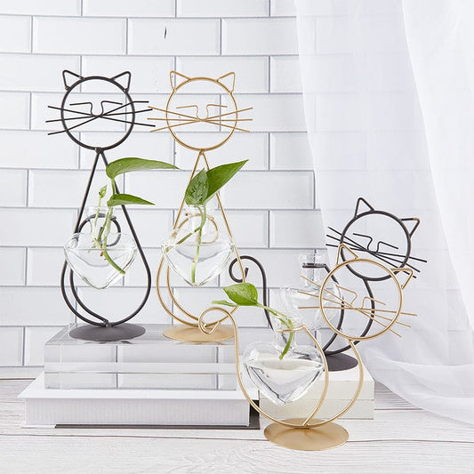 Cat hydroponic flower metal vase for modern decor Hydroponic Plant Vases Cute Cat Shaped Flower Pot Transparent Vase With Iron For Home Decoration