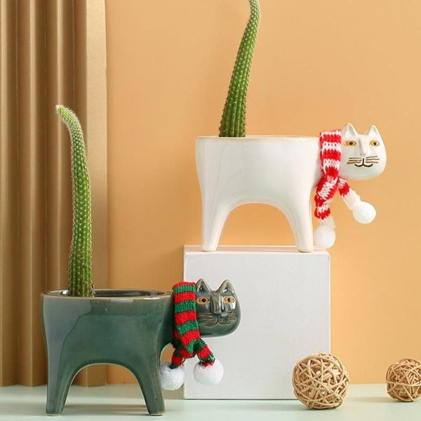 Handcrafted cat tail ceramics flower pots Cartoons Cat Flowerpot Animal Ceramic Flowerpot Cute Vase Cactus Succulent Plants Potted Flower Arrangement Home Decoration