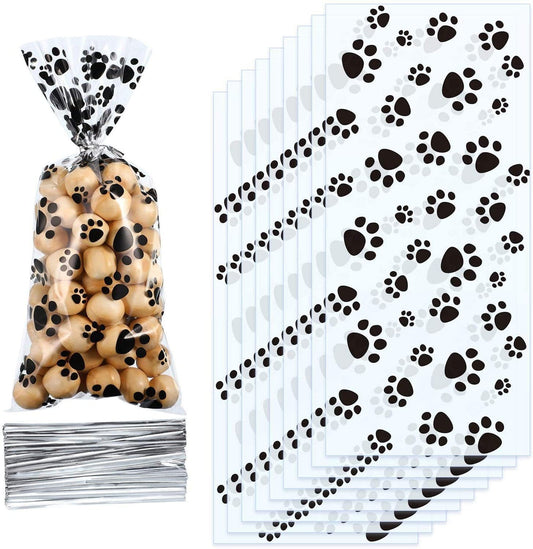 Bulk cat-themed paw gift bags for sale  Pet Paw Print Cellophane Bags Heat Sealable Treat Candy Bags Dog Cat Gift Bags with Twist Ties Birthday Party Supplies Kid