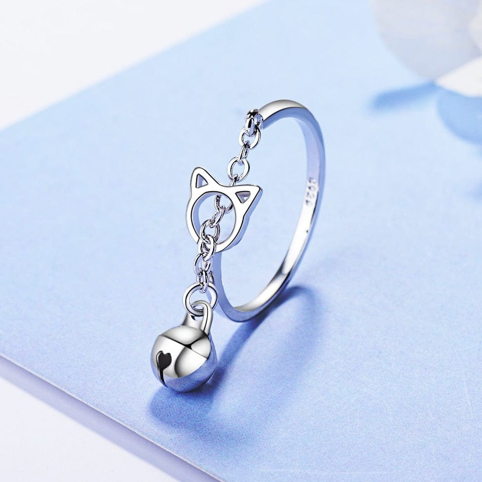 Adjustable cat chain bell ring New Cute Simple Fashion Cat Head Chain Dangler Bell Ring Unique Opening Adjustable Statement Jewelry For Women