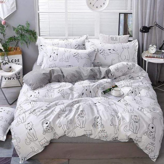 Kitty Duvet Cover Pillowcase Set In Black And White