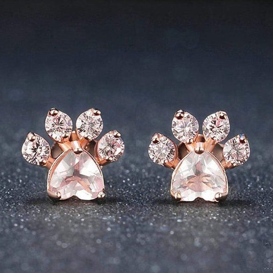 Rose Gold Cat Paw Stud Earrings with Pink Stones