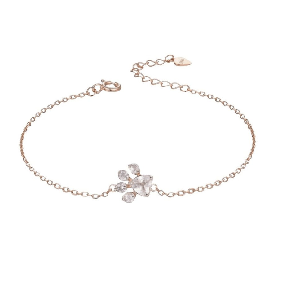 silver cat bracelet, gold paw charm