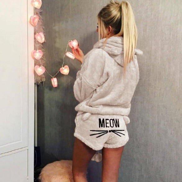 Women Winter Cat Pajama Set Hoodie