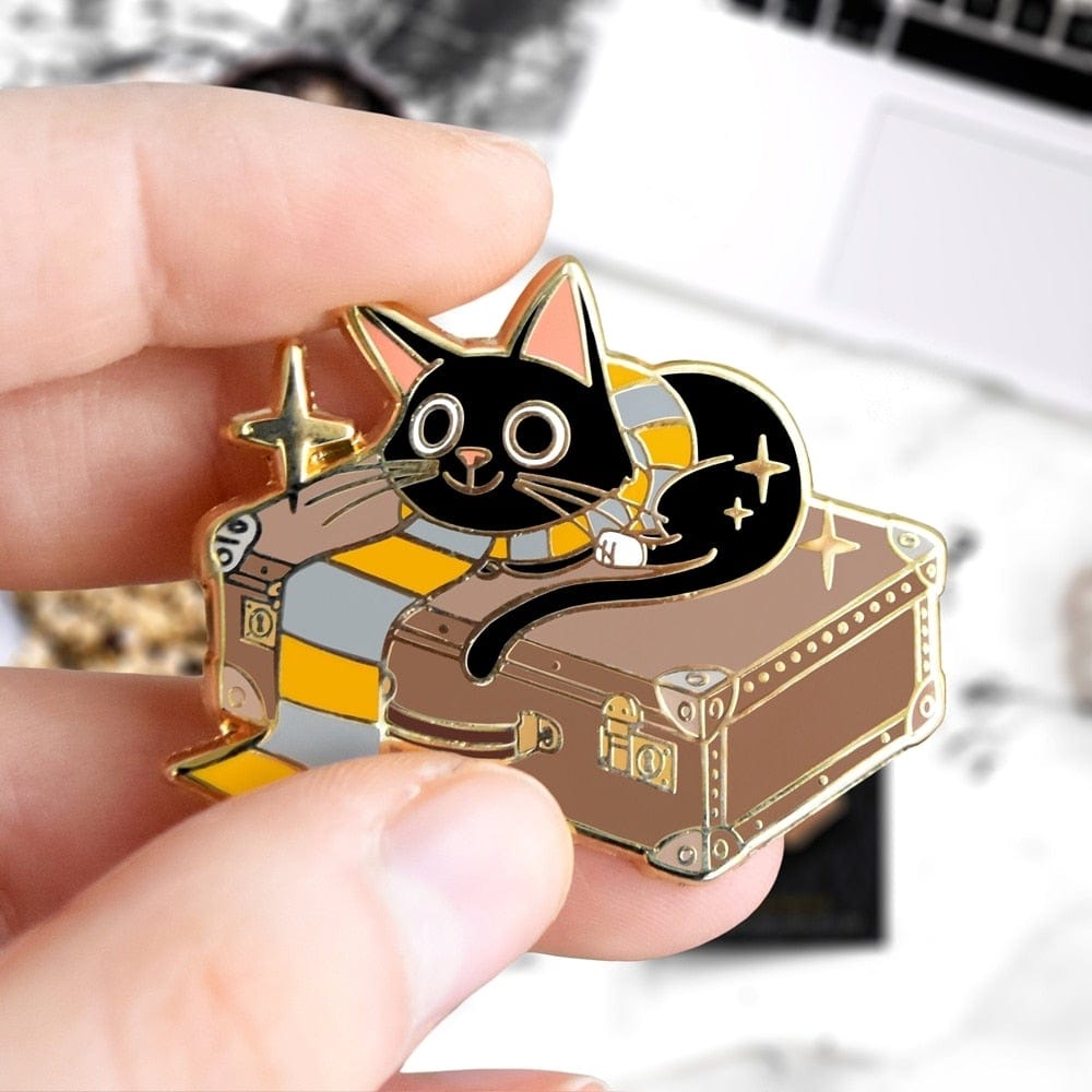 Wizard Cat Enamel Brooch – Magical Cat on Suitcase Design