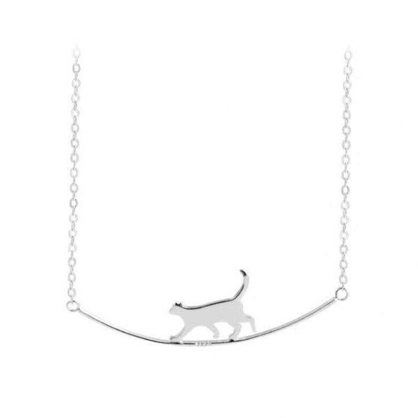 Cat Curved Sterling Silver Necklace Jewelry Cute Cat Walk Chain