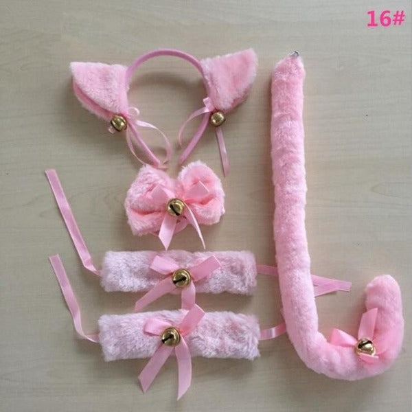 Cat Ears and Tail Costume Accessories Anime Ear Clips Headband Black Tail Long