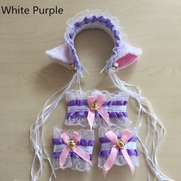 Cat Ears Hair Headband Bracelets Neckwear Tail Women Cute Set