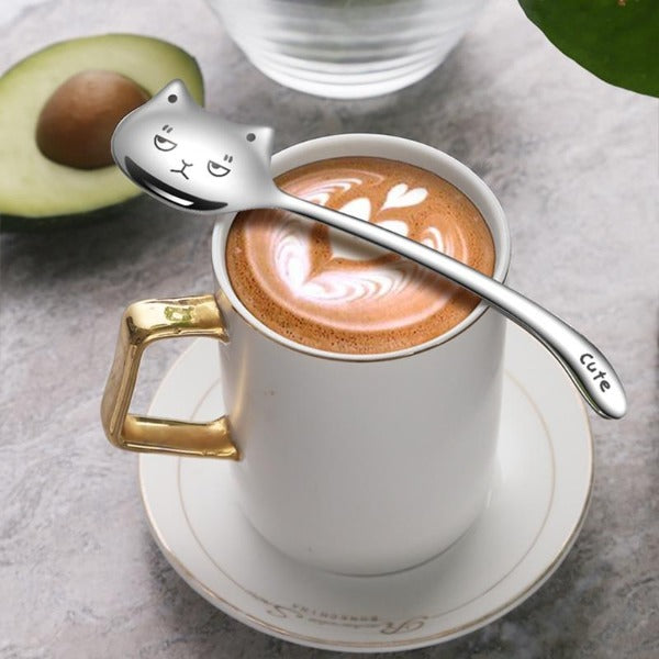 Cat Face Coffee Spoon 1PCS Funny Tea-Spoon For Coffee Long tail cat Coffee spoon Long Handle Spoon Birthday Gift 304 Stainless Steel Tableware