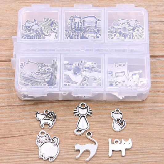 Cat pendant kit box with 60 pieces 1 Set 60Pcs/Lot 2 Color 6 Styles Animal Charm Small Cat Pendant Kit With Box Material For DIY Jewelry Necklace Bracelet Making