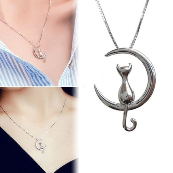 Silver Cat Moon Necklace