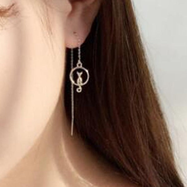 Cute Cat Moon Earrings Women Lucky Animals Long Chain Jewelry Fashion