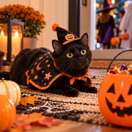 Halloween cat safety, Halloween dangers for cats, how to keep cats safe on Halloween, cat Halloween hazards, Halloween pet safety tips, trick-or-treating and cats