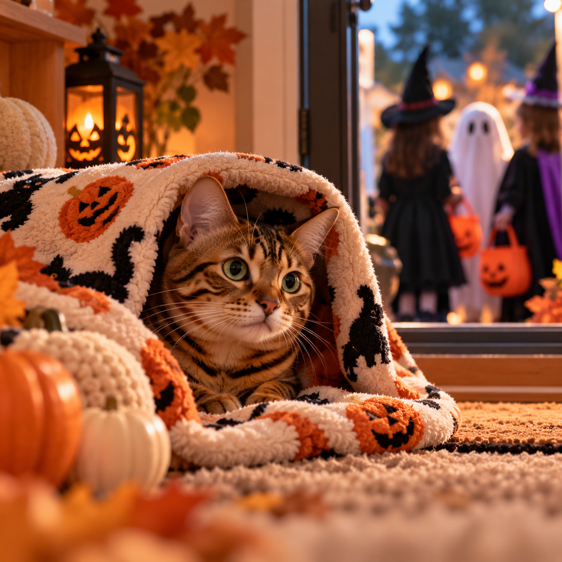 cat scared of trick-or-treaters, Halloween stress in cats, cat scared of doorbell, Halloween safety for cats, calm anxious cat during visitors