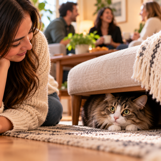 why cats act differently around guests, cat behavior around visitors, why cats hide from guests, cat acting crazy when guests arrive, cat stressed by visitors, cat scared of strangers, how to calm a cat around guests