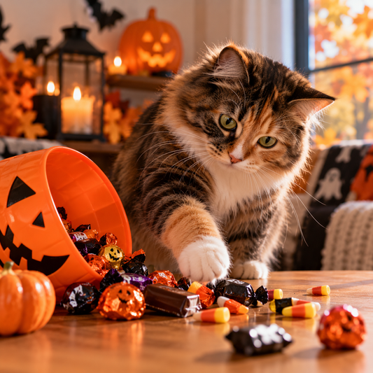 Halloween candy and cats, can cats eat Halloween candy, chocolate toxic to cats, Halloween candy dangerous for cats, cat ate chocolate, candy wrappers cats