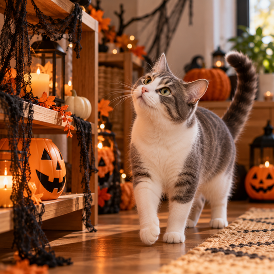 Halloween safety for cats, Halloween hazards for cats, cat-safe Halloween decorations, Halloween decorations and cats, are fake cobwebs safe for cats