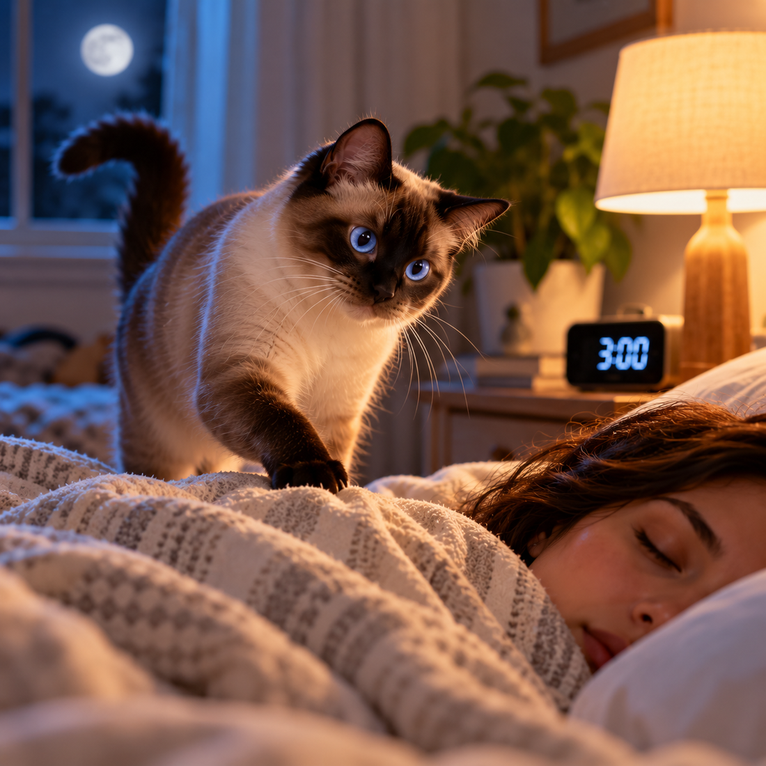 cat crazy at 3am, cat zoomies at night, why is my cat active at night, cat wakes me up at 3am, cat running around at night, nighttime cat behavior