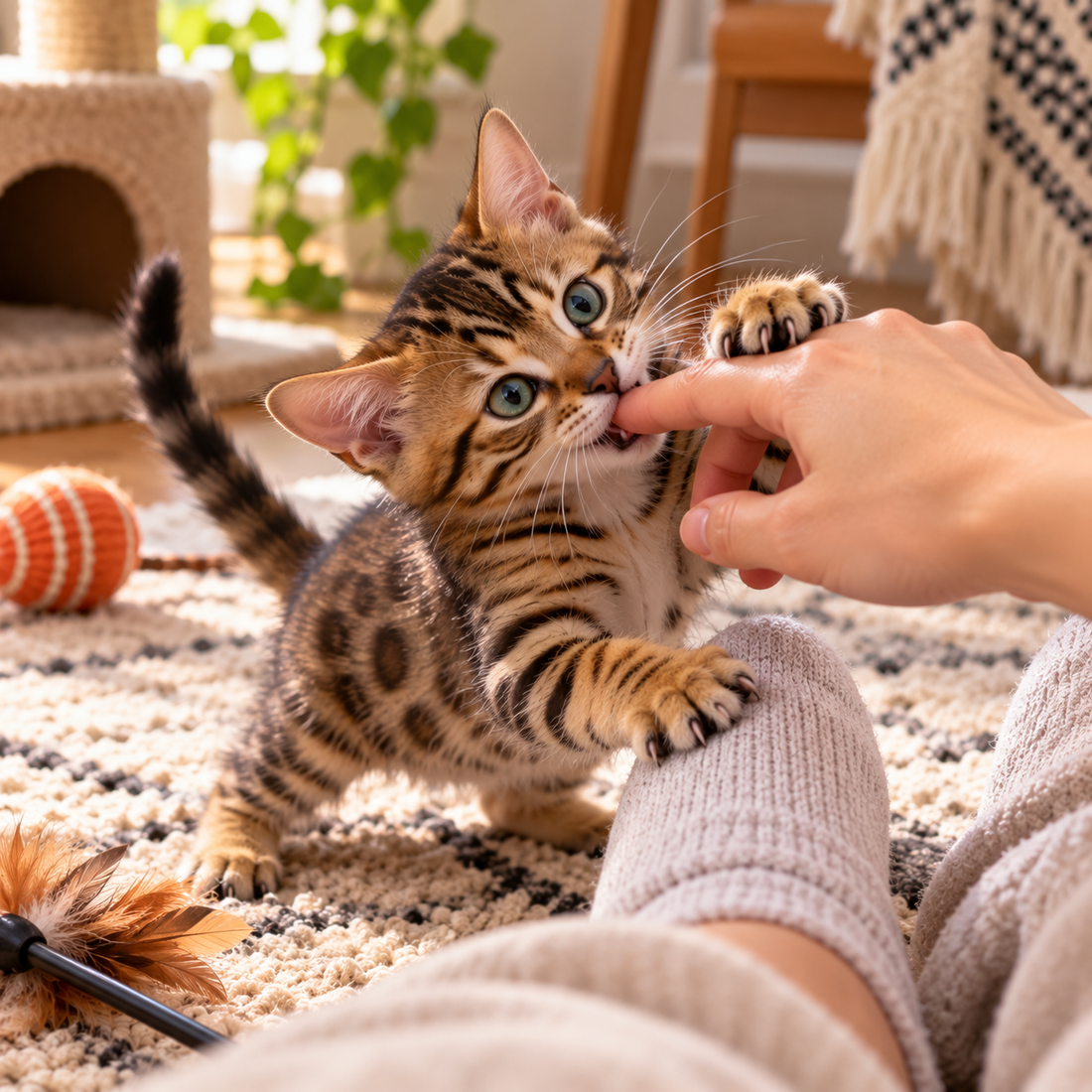 kitten attacking hands, kitten biting hands and feet, kitten attacking ankles, kitten play aggression, how to stop kitten biting, kitten pouncing on feet