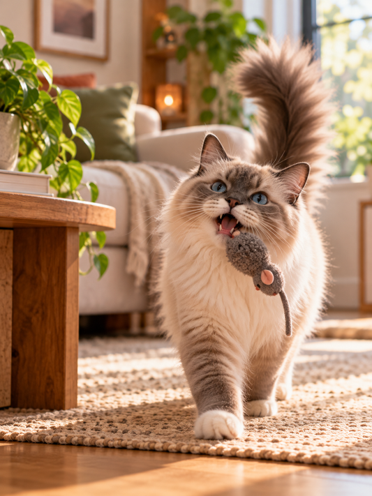 why does my cat carry toys around while meowing, cat carrying toy and meowing, cat walks around with toy in mouth, cat meowing with toy, why cats bring you toys, cat carrying stuffed animals