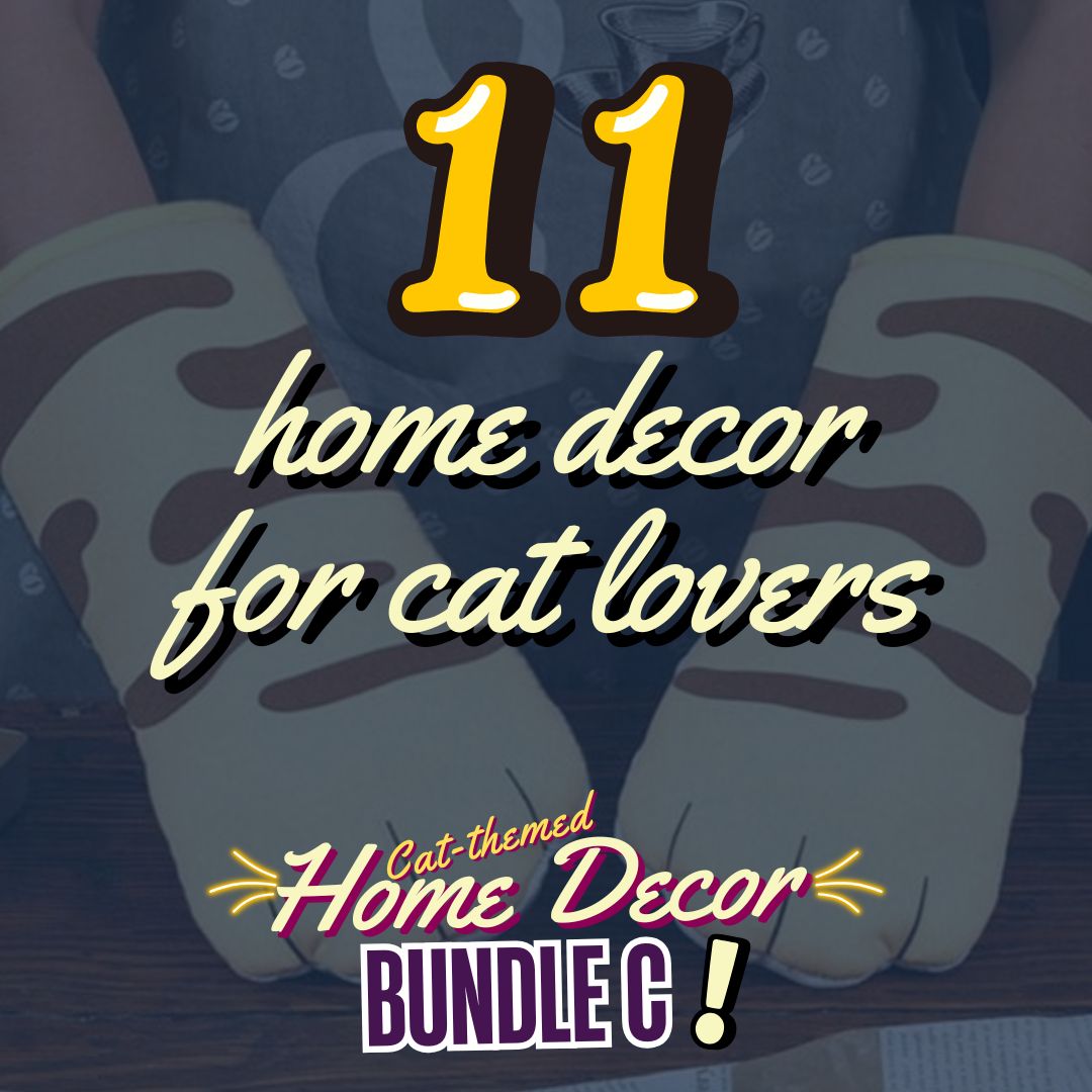 Promotional graphic for cat-themed home decor bundle with text overlay.