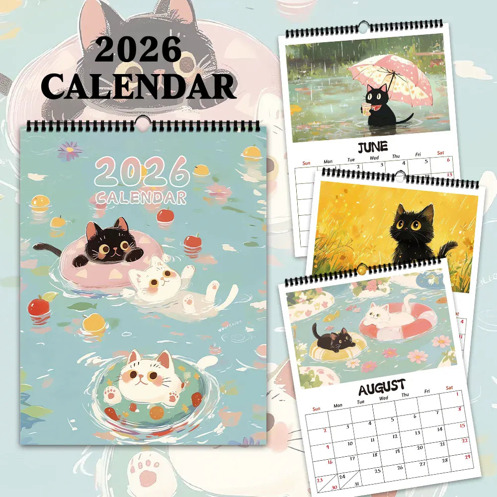 2026 calendar with cat illustrations on a light blue background