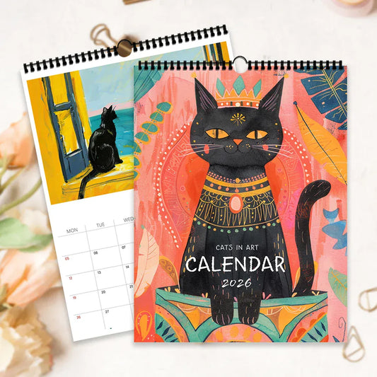Calendar with a black cat illustration on a colorful background