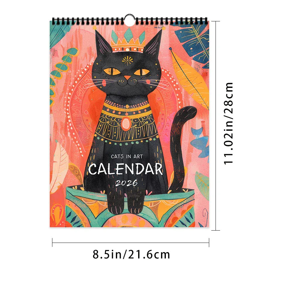 Calendar with a black cat illustration on a colorful background, showing dimensions.