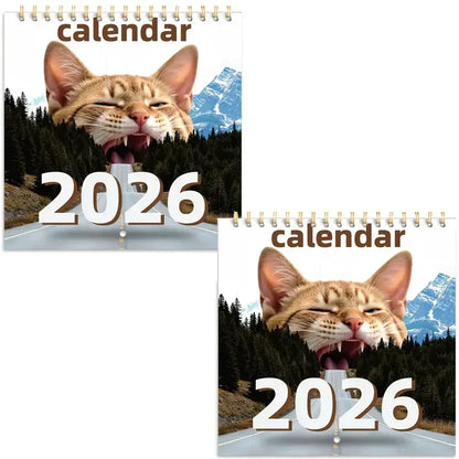 Two calendar designs featuring a cat with a road and mountain background, labeled '2026'.