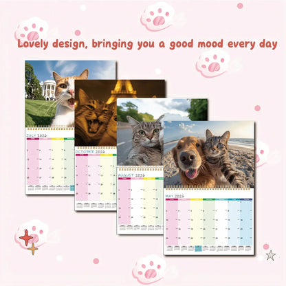 Calendar with cat and dog images on a pink background with text 'Lovely design, bringing you a good mood every day'.