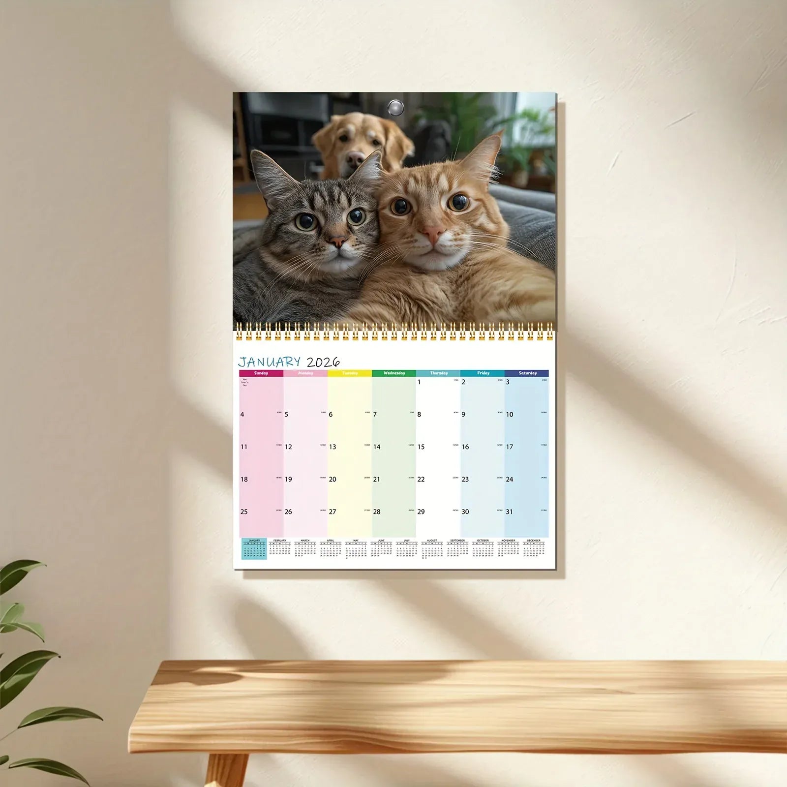 Calendar with cats and a dog on the cover, displayed on a wall.