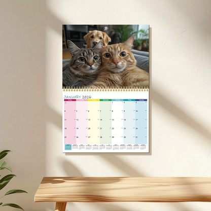 Calendar with cats and a dog on the cover, displayed on a wall.